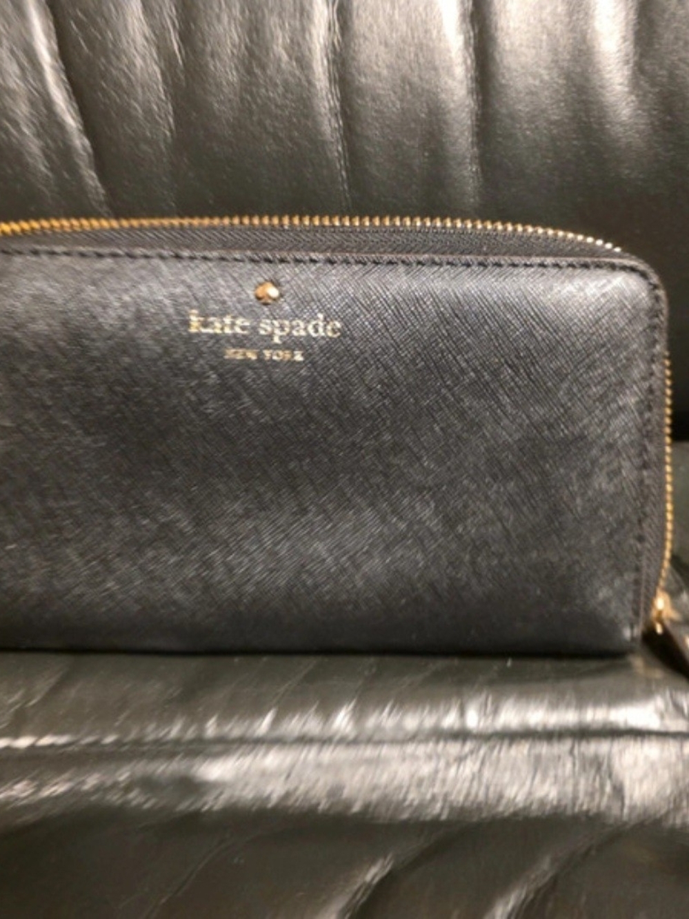 kate spade Black Saffiano Zip Wallet with Gold Hardware